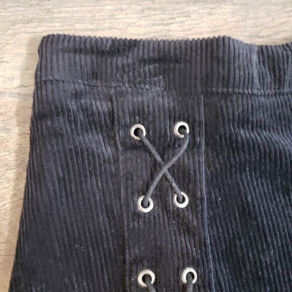 Grommets Lace Up Corduroy Zip Rib Black A-Line Mini Skirt Y2K Goth Punk Witchy - Picture 6 of 12